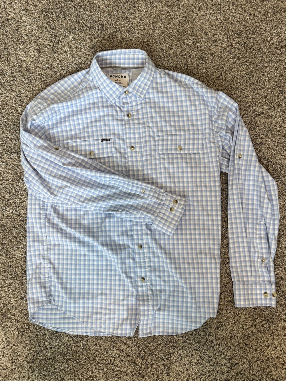 Poncho Men's Light Blue Plaid Casual Button-Down Shirt